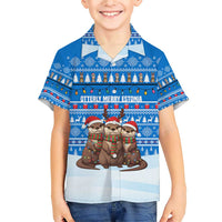 Estonia Christmas Family Matching Short Sleeve Bodycon Dress and Hawaiian Shirt with Santa Otters Lights Snowflakes and National Emblem on Blue Pattern - Wonder Print Shop