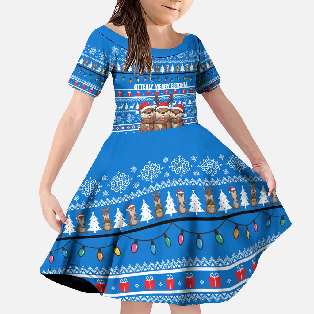 Estonia Christmas Family Matching Summer Maxi Dress and Hawaiian Shirt with Santa Otters Lights Snowflakes and National Emblem on Blue Pattern - Wonder Print Shop