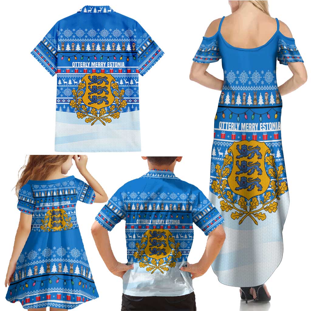 Estonia Christmas Family Matching Summer Maxi Dress and Hawaiian Shirt with Santa Otters Lights Snowflakes and National Emblem on Blue Pattern - Wonder Print Shop