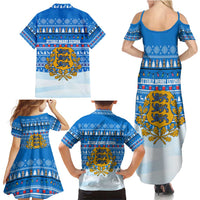 Estonia Christmas Family Matching Summer Maxi Dress and Hawaiian Shirt with Santa Otters Lights Snowflakes and National Emblem on Blue Pattern - Wonder Print Shop