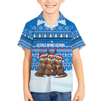 Estonia Christmas Family Matching Summer Maxi Dress and Hawaiian Shirt with Santa Otters Lights Snowflakes and National Emblem on Blue Pattern - Wonder Print Shop