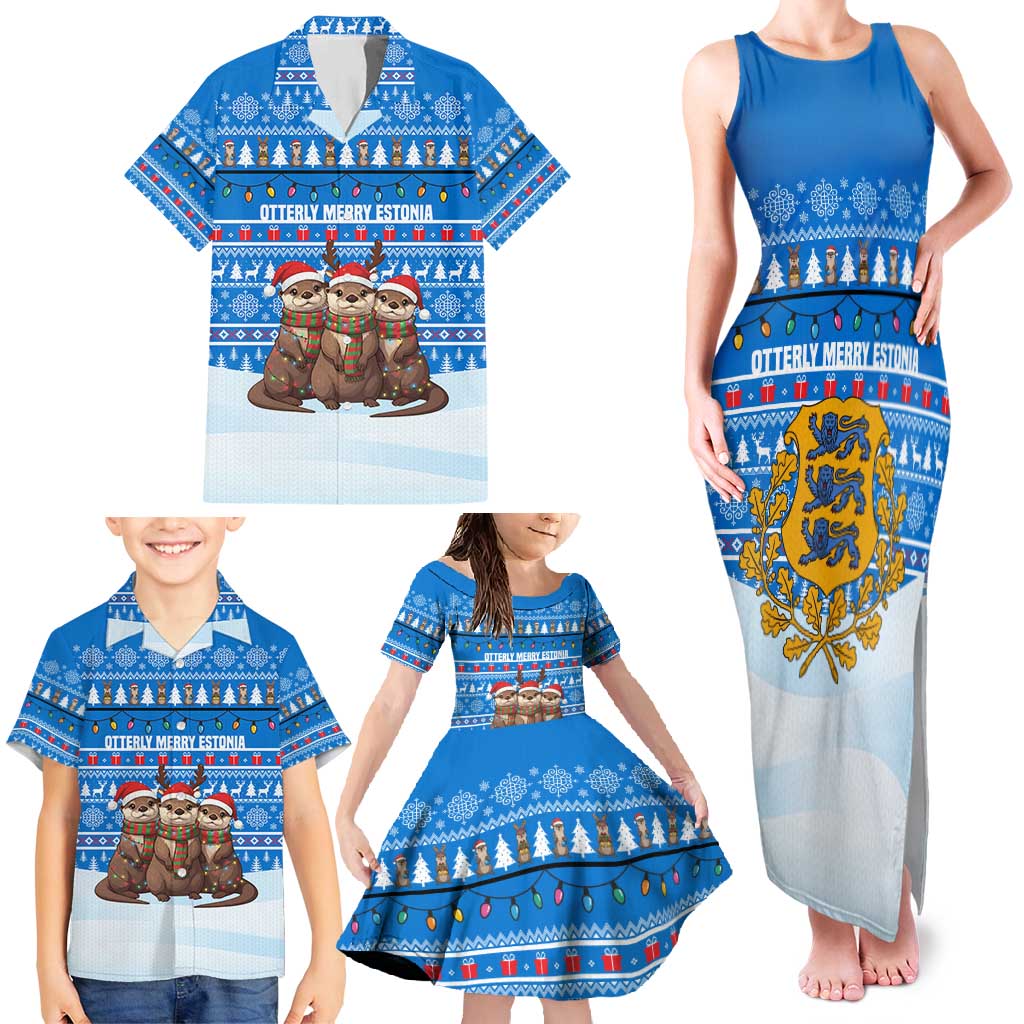 Estonia Christmas Family Matching Tank Maxi Dress and Hawaiian Shirt with Santa Otters Lights Snowflakes and National Emblem on Blue Pattern - Wonder Print Shop