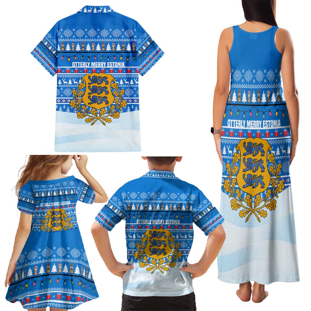 Estonia Christmas Family Matching Tank Maxi Dress and Hawaiian Shirt with Santa Otters Lights Snowflakes and National Emblem on Blue Pattern - Wonder Print Shop