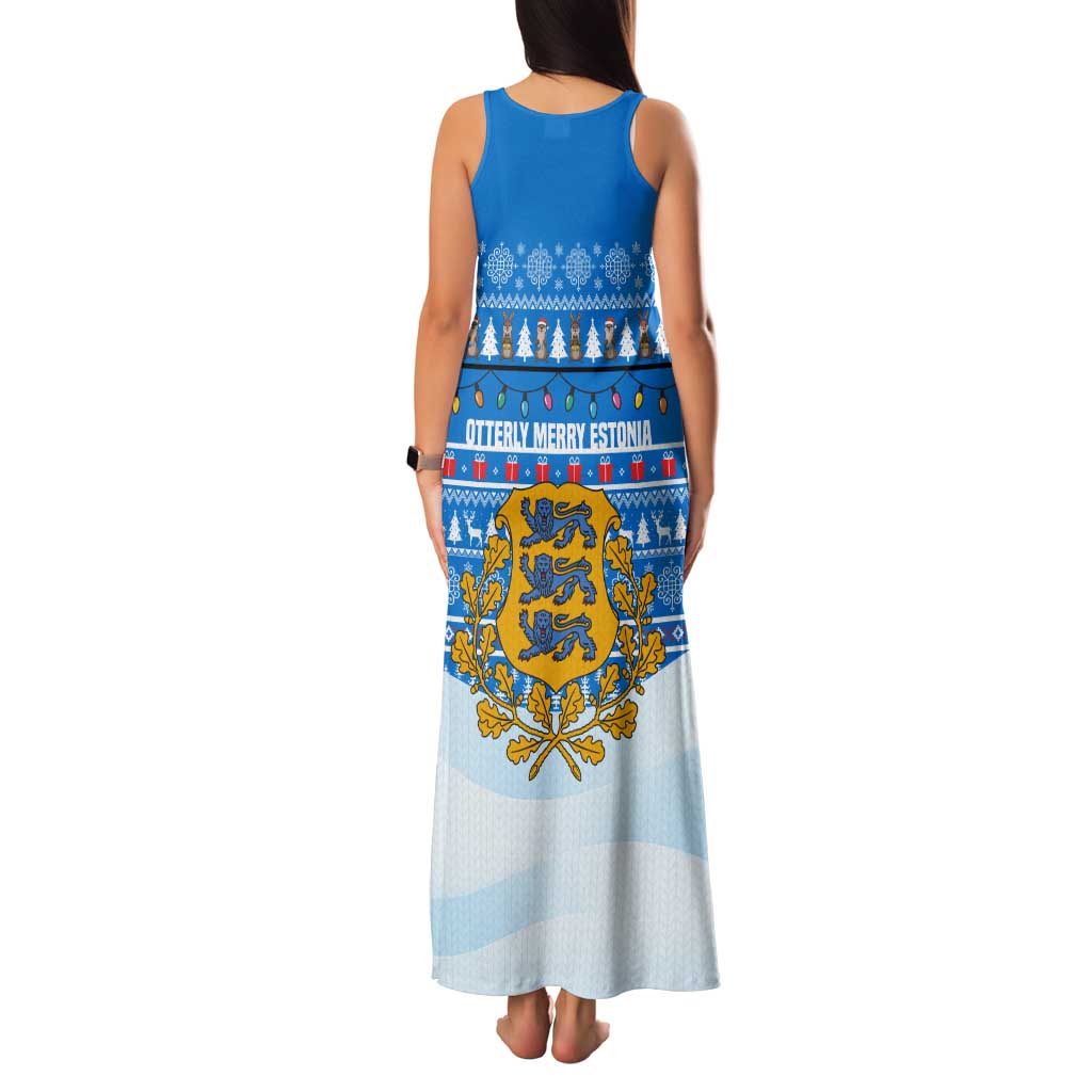 Estonia Christmas Family Matching Tank Maxi Dress and Hawaiian Shirt with Santa Otters Lights Snowflakes and National Emblem on Blue Pattern - Wonder Print Shop