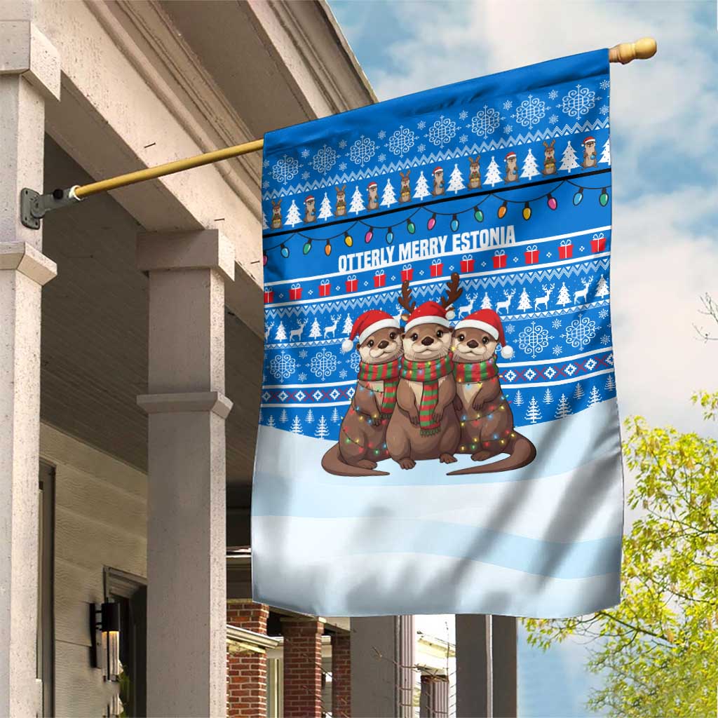 Estonia Christmas Garden Flag with Santa Otters Lights Snowflakes and National Emblem on Blue Pattern - Wonder Print Shop