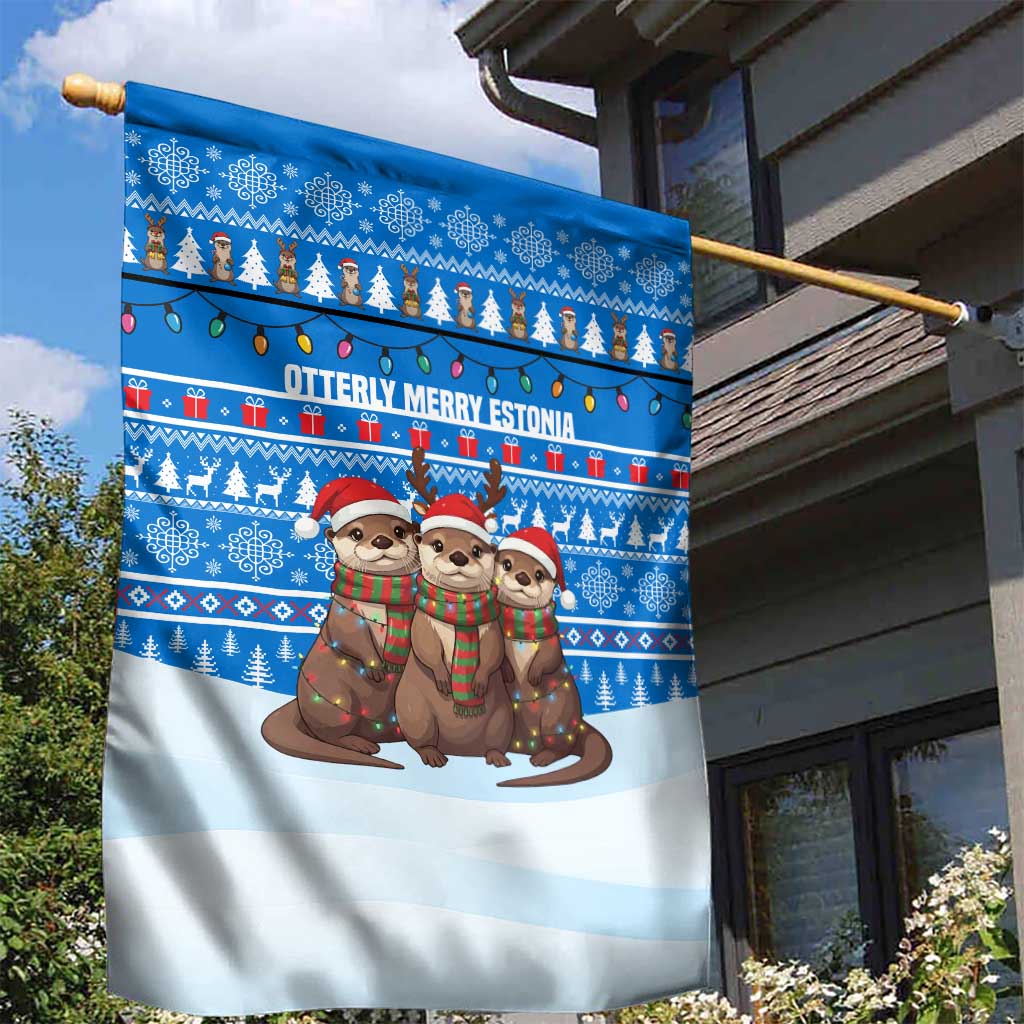 Estonia Christmas Garden Flag with Santa Otters Lights Snowflakes and National Emblem on Blue Pattern - Wonder Print Shop