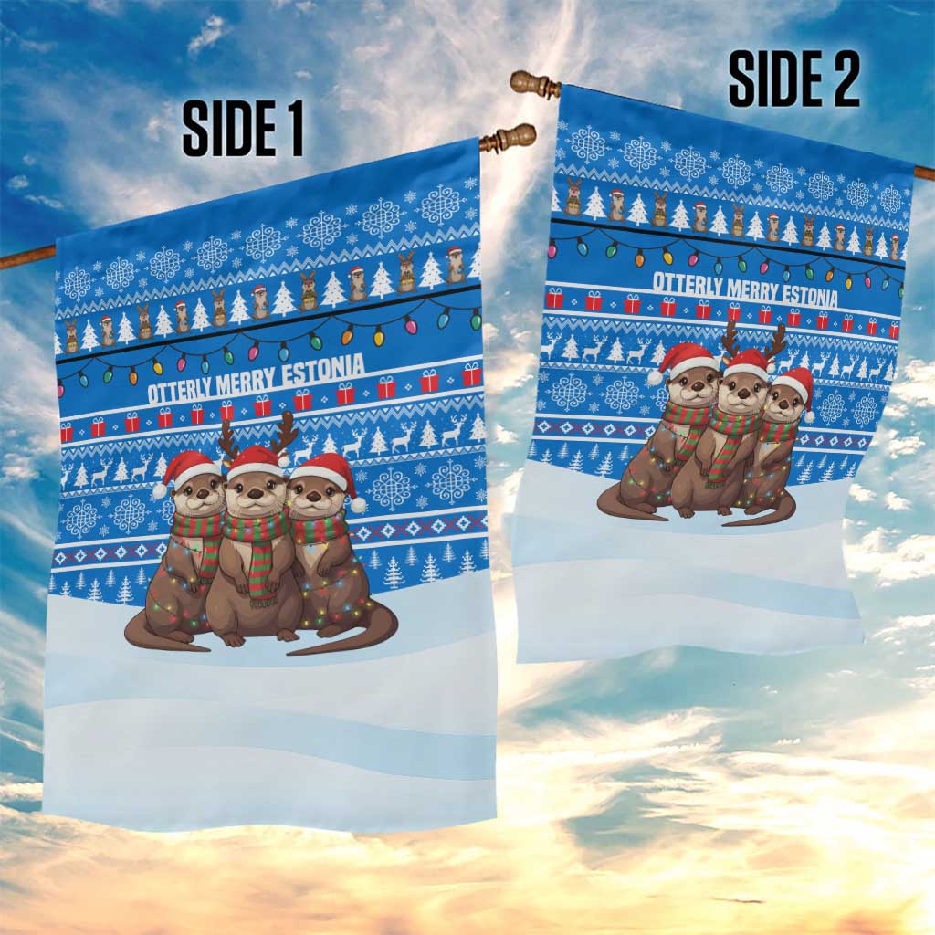 Estonia Christmas Garden Flag with Santa Otters Lights Snowflakes and National Emblem on Blue Pattern - Wonder Print Shop