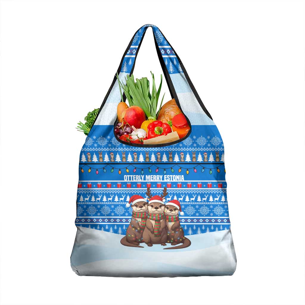 Estonia Christmas Grocery Bag with Santa Otters Lights Snowflakes and National Emblem on Blue Pattern - Wonder Print Shop