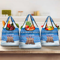 Estonia Christmas Grocery Bag with Santa Otters Lights Snowflakes and National Emblem on Blue Pattern - Wonder Print Shop