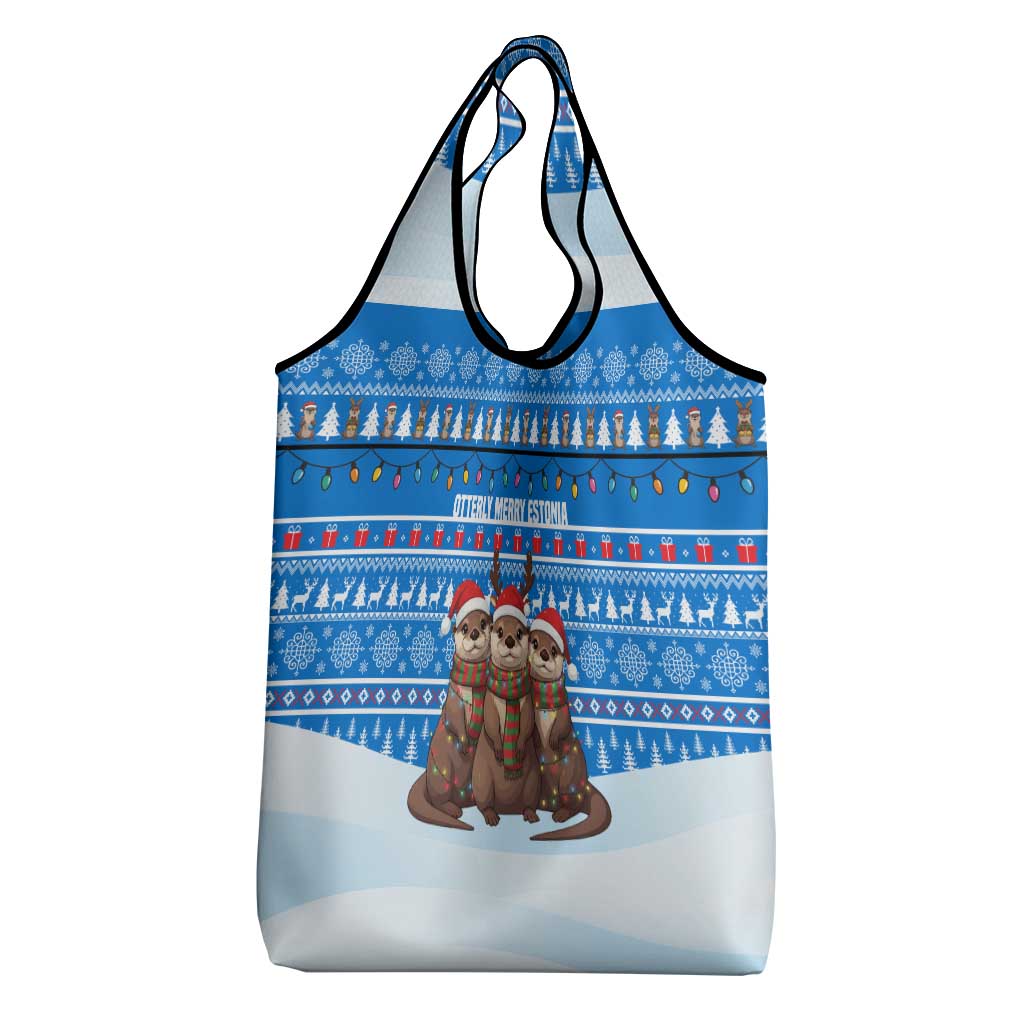 Estonia Christmas Grocery Bag with Santa Otters Lights Snowflakes and National Emblem on Blue Pattern - Wonder Print Shop
