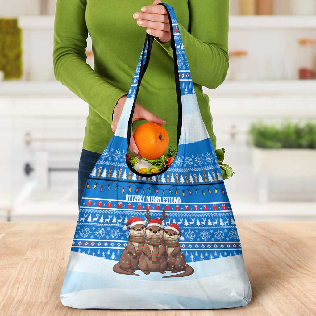 Estonia Christmas Grocery Bag with Santa Otters Lights Snowflakes and National Emblem on Blue Pattern - Wonder Print Shop