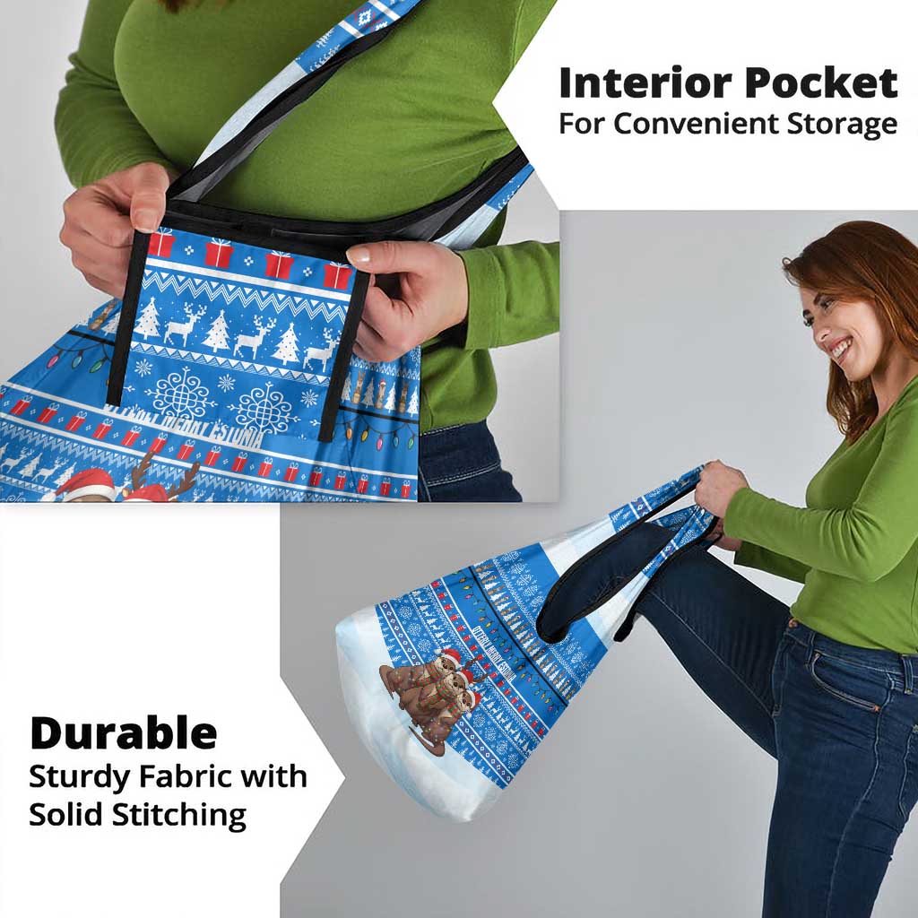 Estonia Christmas Grocery Bag with Santa Otters Lights Snowflakes and National Emblem on Blue Pattern - Wonder Print Shop