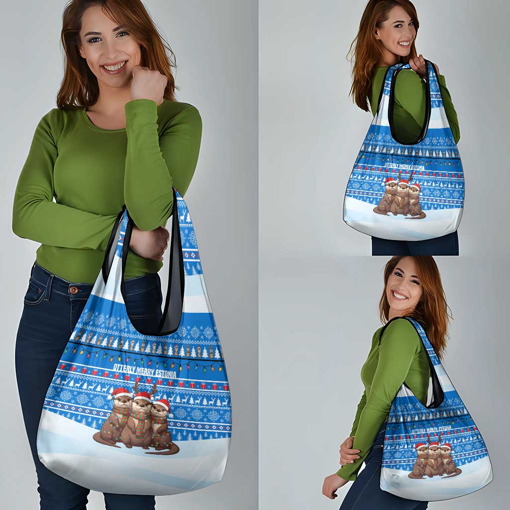 Estonia Christmas Grocery Bag with Santa Otters Lights Snowflakes and National Emblem on Blue Pattern - Wonder Print Shop
