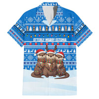 Estonia Christmas Hawaiian Shirt with Santa Otters Lights Snowflakes and National Emblem on Blue Pattern - Wonder Print Shop