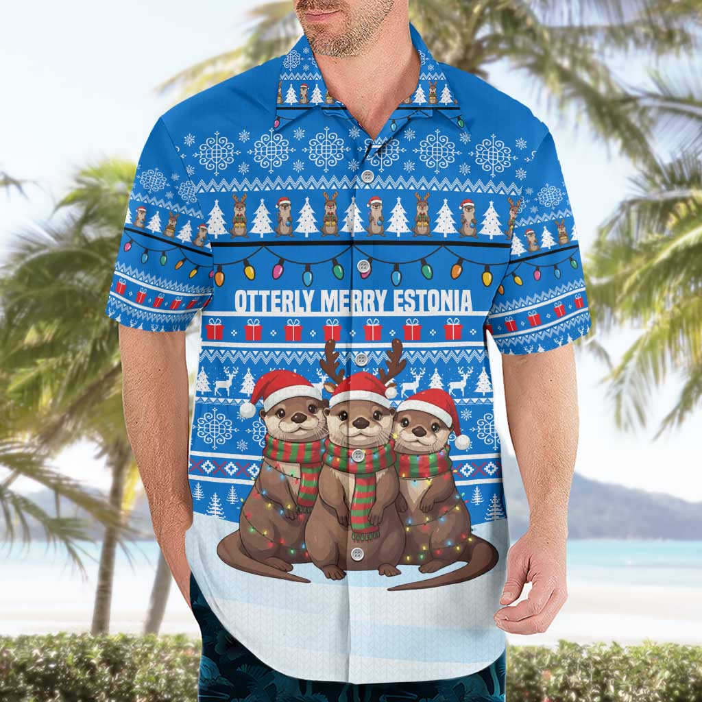 Estonia Christmas Hawaiian Shirt with Santa Otters Lights Snowflakes and National Emblem on Blue Pattern - Wonder Print Shop