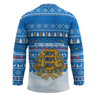 Estonia Christmas Hockey Jersey with Santa Otters Lights Snowflakes and National Emblem on Blue Pattern - Wonder Print Shop