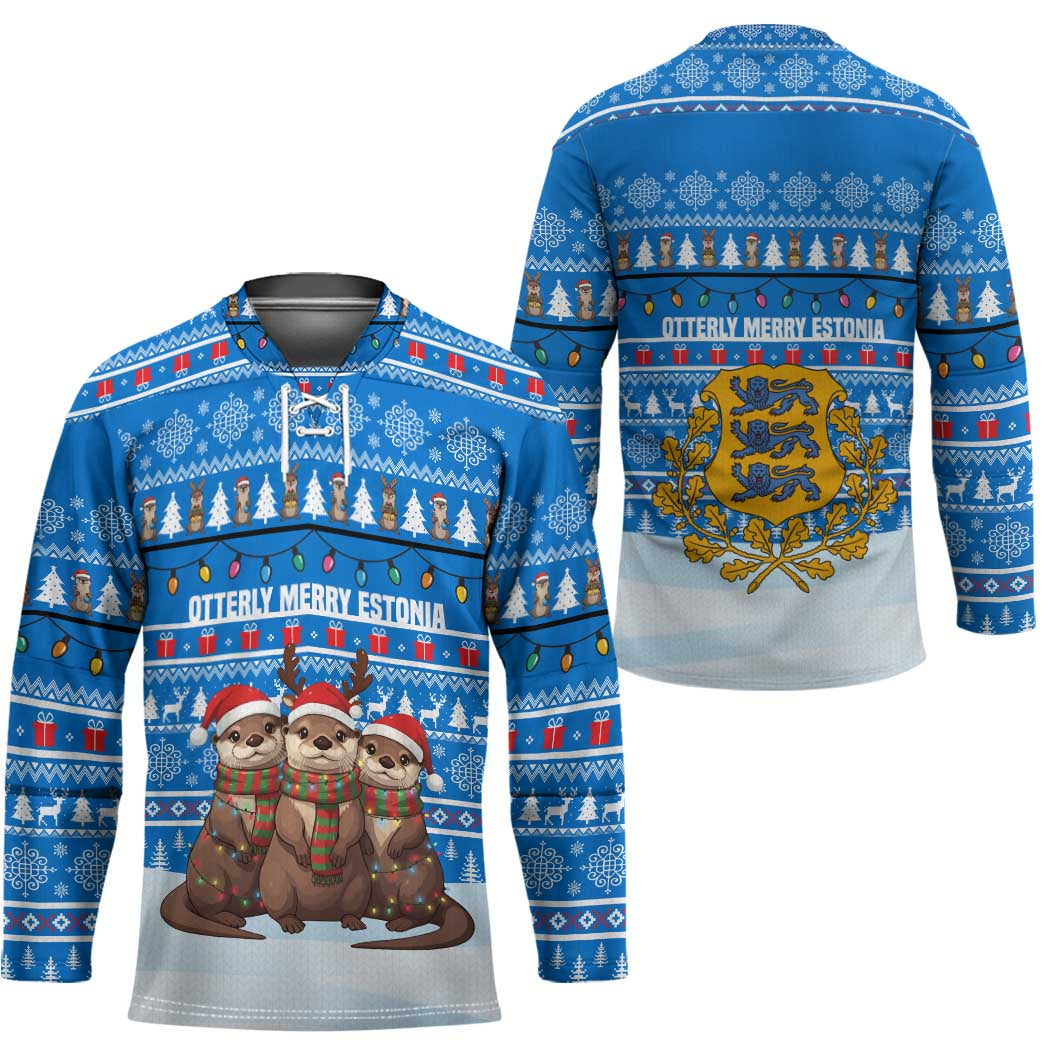 Estonia Christmas Hockey Jersey with Santa Otters Lights Snowflakes and National Emblem on Blue Pattern - Wonder Print Shop