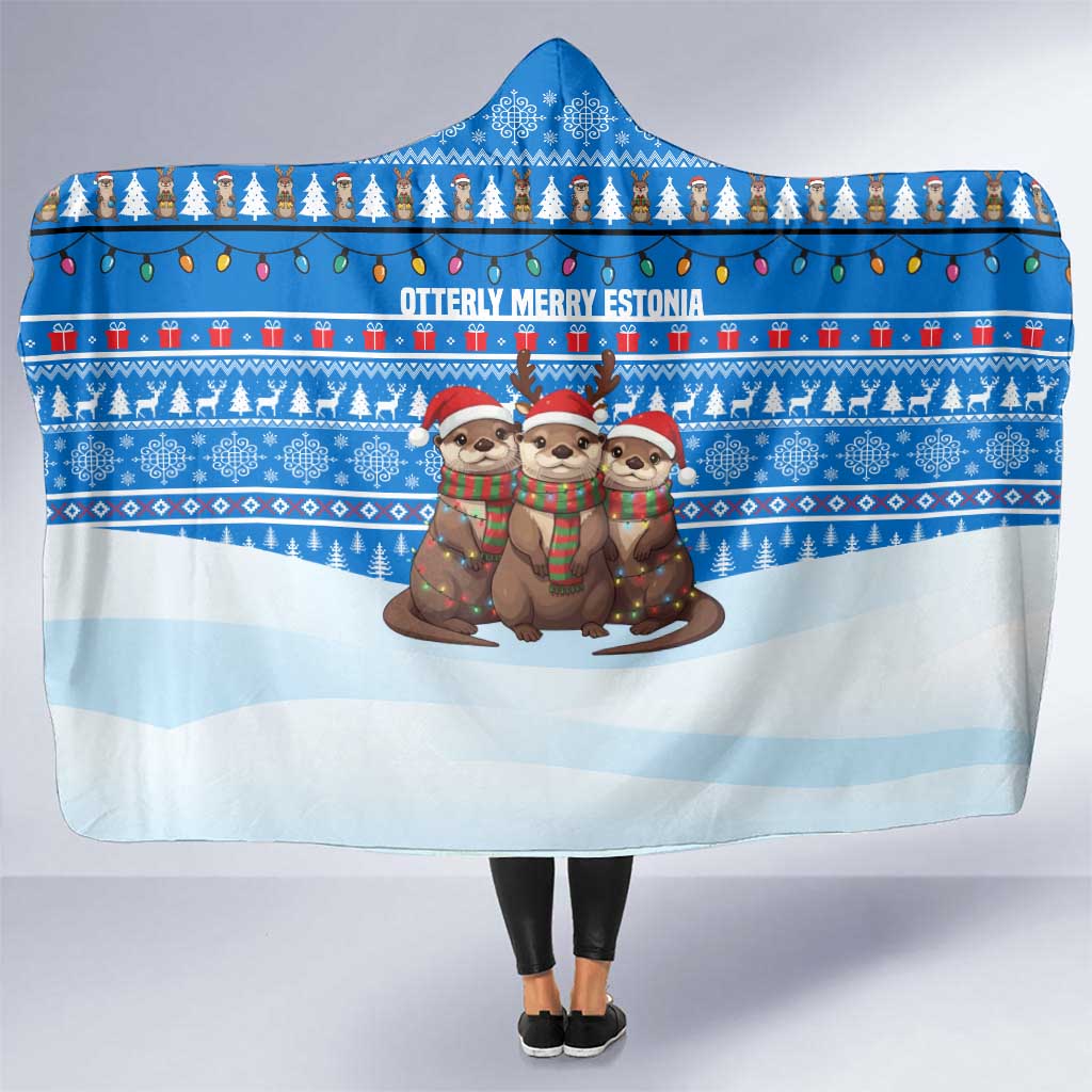 Estonia Christmas Hooded Blanket with Santa Otters Lights Snowflakes and National Emblem on Blue Pattern - Wonder Print Shop