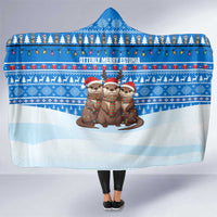 Estonia Christmas Hooded Blanket with Santa Otters Lights Snowflakes and National Emblem on Blue Pattern - Wonder Print Shop