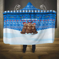 Estonia Christmas Hooded Blanket with Santa Otters Lights Snowflakes and National Emblem on Blue Pattern - Wonder Print Shop