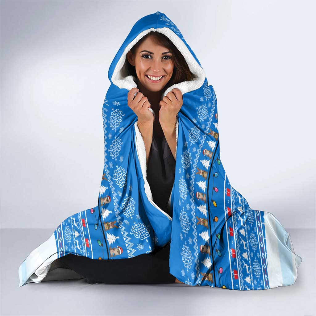 Estonia Christmas Hooded Blanket with Santa Otters Lights Snowflakes and National Emblem on Blue Pattern - Wonder Print Shop