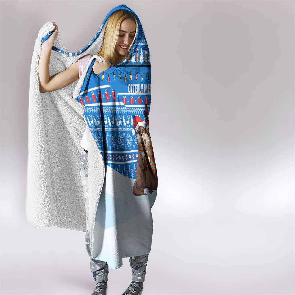 Estonia Christmas Hooded Blanket with Santa Otters Lights Snowflakes and National Emblem on Blue Pattern - Wonder Print Shop