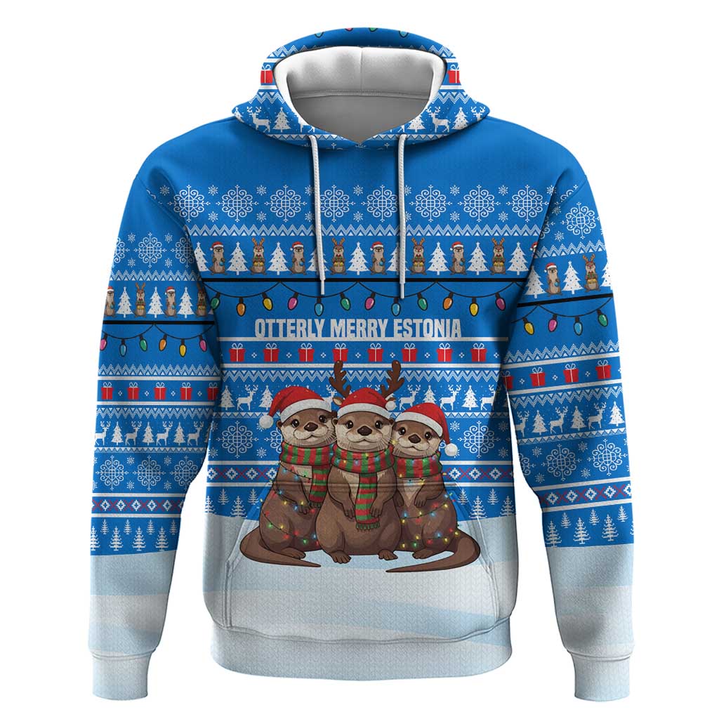 Estonia Christmas Hoodie with Santa Otters Lights Snowflakes and National Emblem on Blue Pattern - Wonder Print Shop