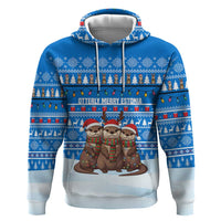 Estonia Christmas Hoodie with Santa Otters Lights Snowflakes and National Emblem on Blue Pattern - Wonder Print Shop