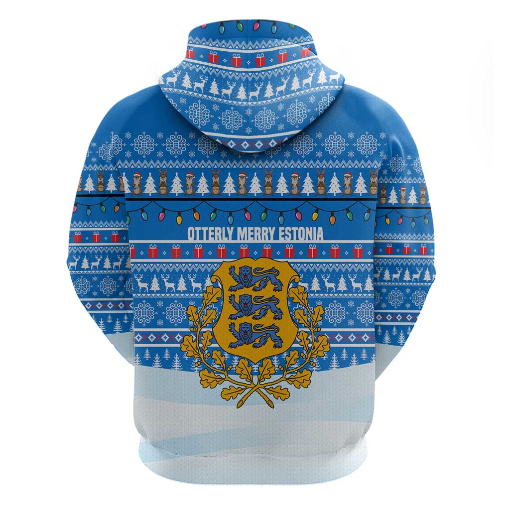 Estonia Christmas Hoodie with Santa Otters Lights Snowflakes and National Emblem on Blue Pattern - Wonder Print Shop