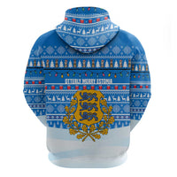 Estonia Christmas Hoodie with Santa Otters Lights Snowflakes and National Emblem on Blue Pattern - Wonder Print Shop