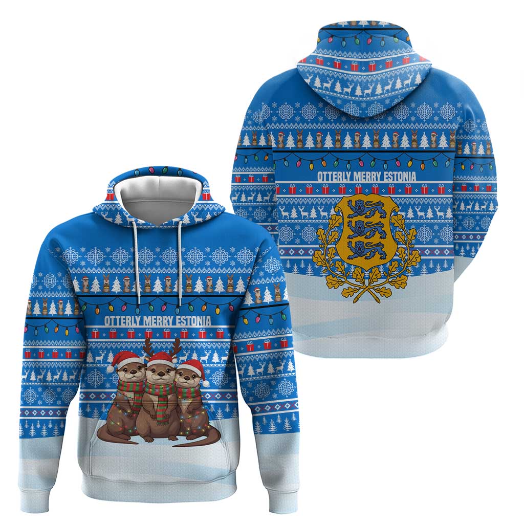 Estonia Christmas Hoodie with Santa Otters Lights Snowflakes and National Emblem on Blue Pattern - Wonder Print Shop