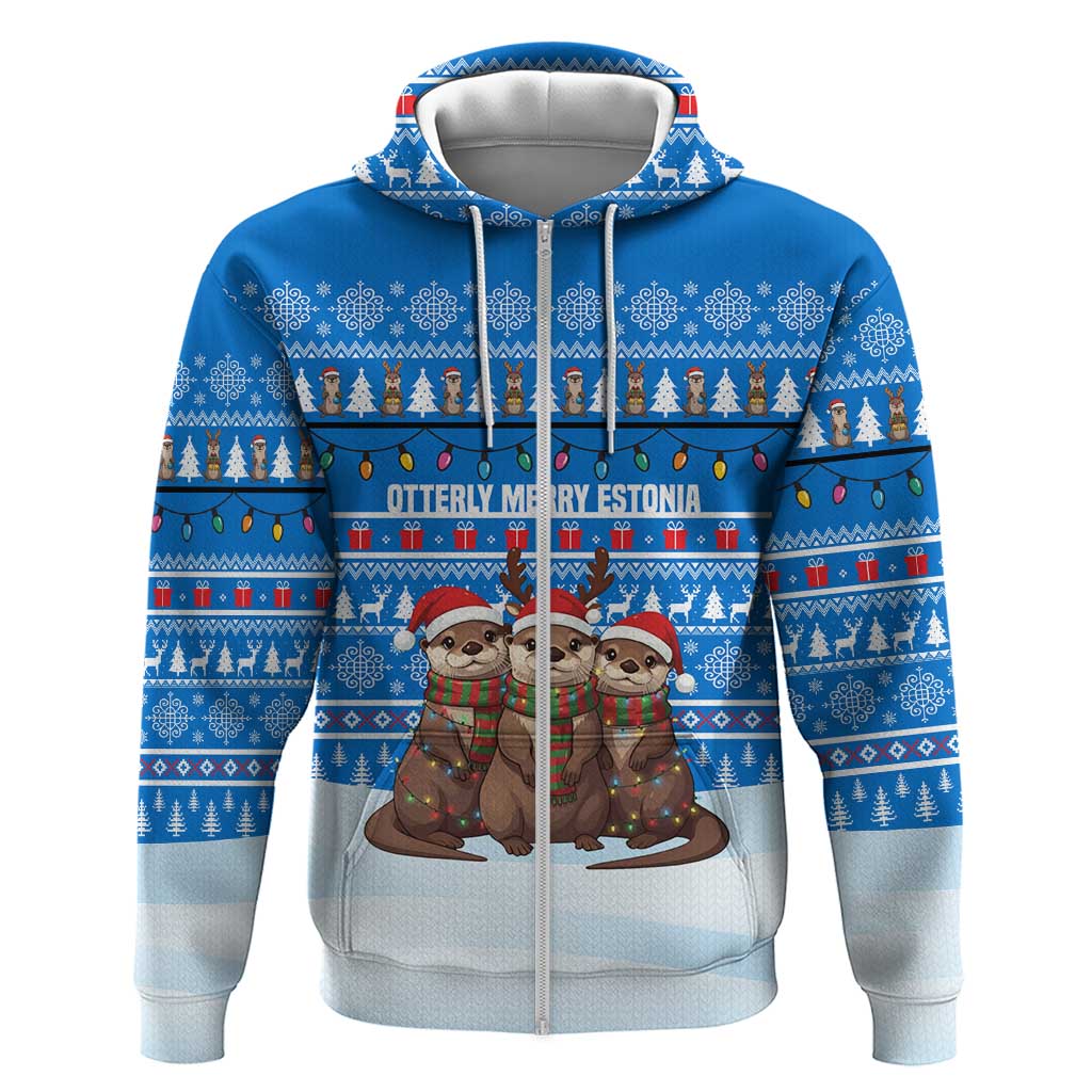 Estonia Christmas Hoodie with Santa Otters Lights Snowflakes and National Emblem on Blue Pattern - Wonder Print Shop
