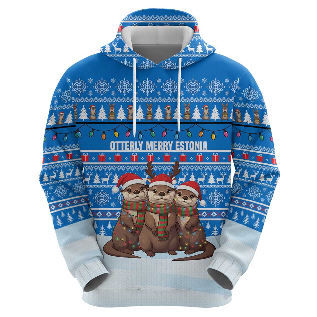 Estonia Christmas Hoodie with Santa Otters Lights Snowflakes and National Emblem on Blue Pattern - Wonder Print Shop