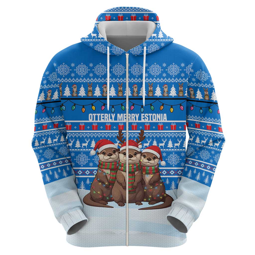 Estonia Christmas Hoodie with Santa Otters Lights Snowflakes and National Emblem on Blue Pattern - Wonder Print Shop
