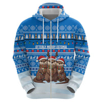 Estonia Christmas Hoodie with Santa Otters Lights Snowflakes and National Emblem on Blue Pattern - Wonder Print Shop