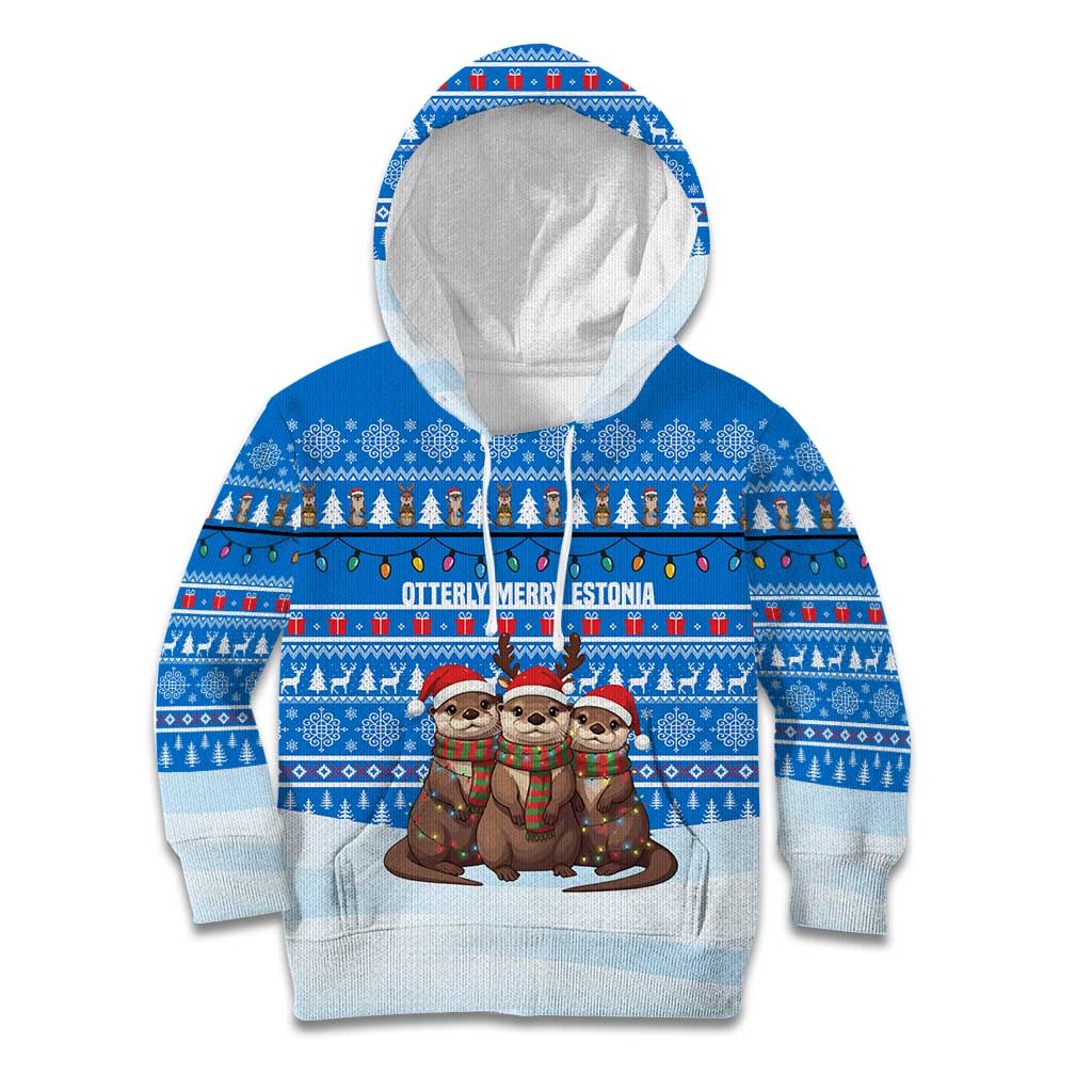 Estonia Christmas Kid Hoodie with Santa Otters Lights Snowflakes and National Emblem on Blue Pattern - Wonder Print Shop