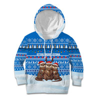 Estonia Christmas Kid Hoodie with Santa Otters Lights Snowflakes and National Emblem on Blue Pattern - Wonder Print Shop