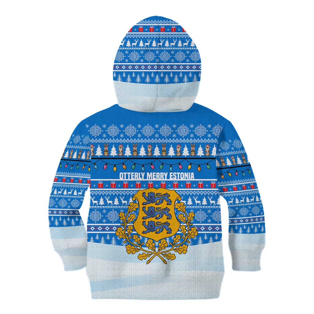 Estonia Christmas Kid Hoodie with Santa Otters Lights Snowflakes and National Emblem on Blue Pattern - Wonder Print Shop