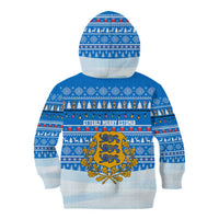Estonia Christmas Kid Hoodie with Santa Otters Lights Snowflakes and National Emblem on Blue Pattern - Wonder Print Shop