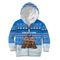 Estonia Christmas Kid Hoodie with Santa Otters Lights Snowflakes and National Emblem on Blue Pattern - Wonder Print Shop