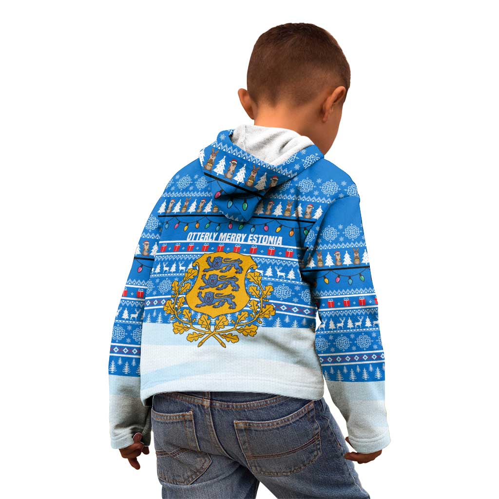 Estonia Christmas Kid Hoodie with Santa Otters Lights Snowflakes and National Emblem on Blue Pattern - Wonder Print Shop