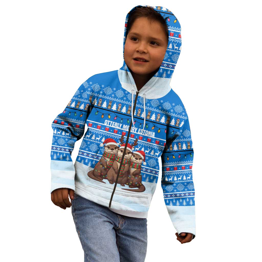 Estonia Christmas Kid Hoodie with Santa Otters Lights Snowflakes and National Emblem on Blue Pattern - Wonder Print Shop
