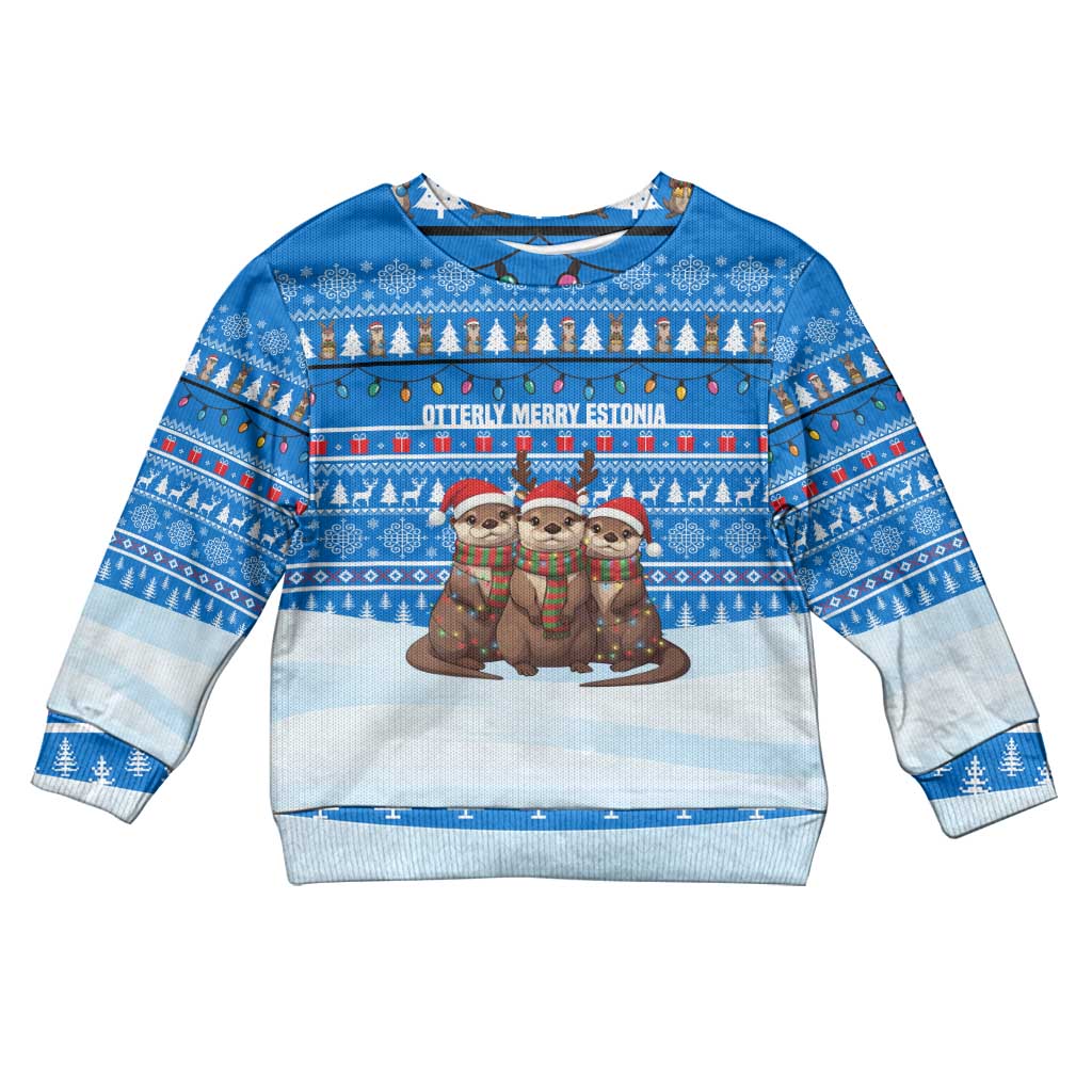 Estonia Christmas Kid Ugly Christmas Sweater with Santa Otters Lights Snowflakes and National Emblem on Blue Pattern - Wonder Print Shop