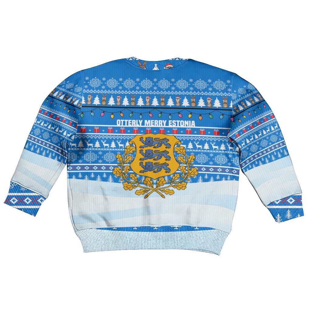 Estonia Christmas Kid Ugly Christmas Sweater with Santa Otters Lights Snowflakes and National Emblem on Blue Pattern - Wonder Print Shop