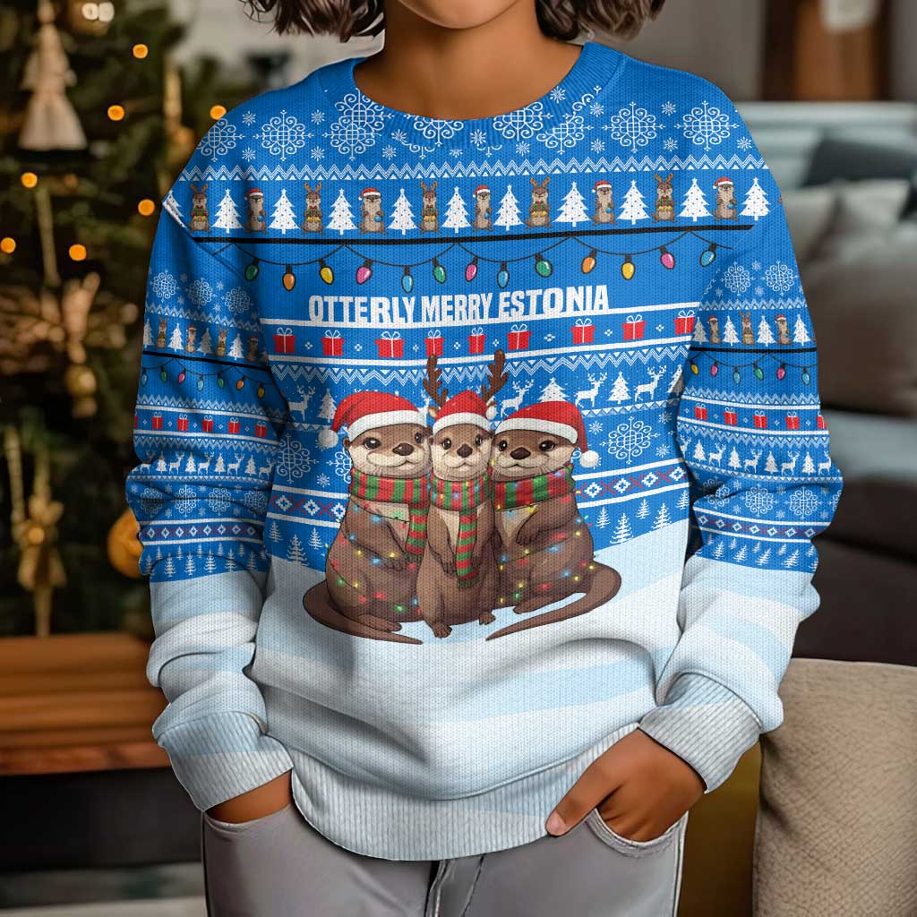 Estonia Christmas Kid Ugly Christmas Sweater with Santa Otters Lights Snowflakes and National Emblem on Blue Pattern - Wonder Print Shop