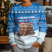 Estonia Christmas Kid Ugly Christmas Sweater with Santa Otters Lights Snowflakes and National Emblem on Blue Pattern - Wonder Print Shop