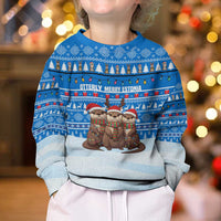 Estonia Christmas Kid Ugly Christmas Sweater with Santa Otters Lights Snowflakes and National Emblem on Blue Pattern - Wonder Print Shop