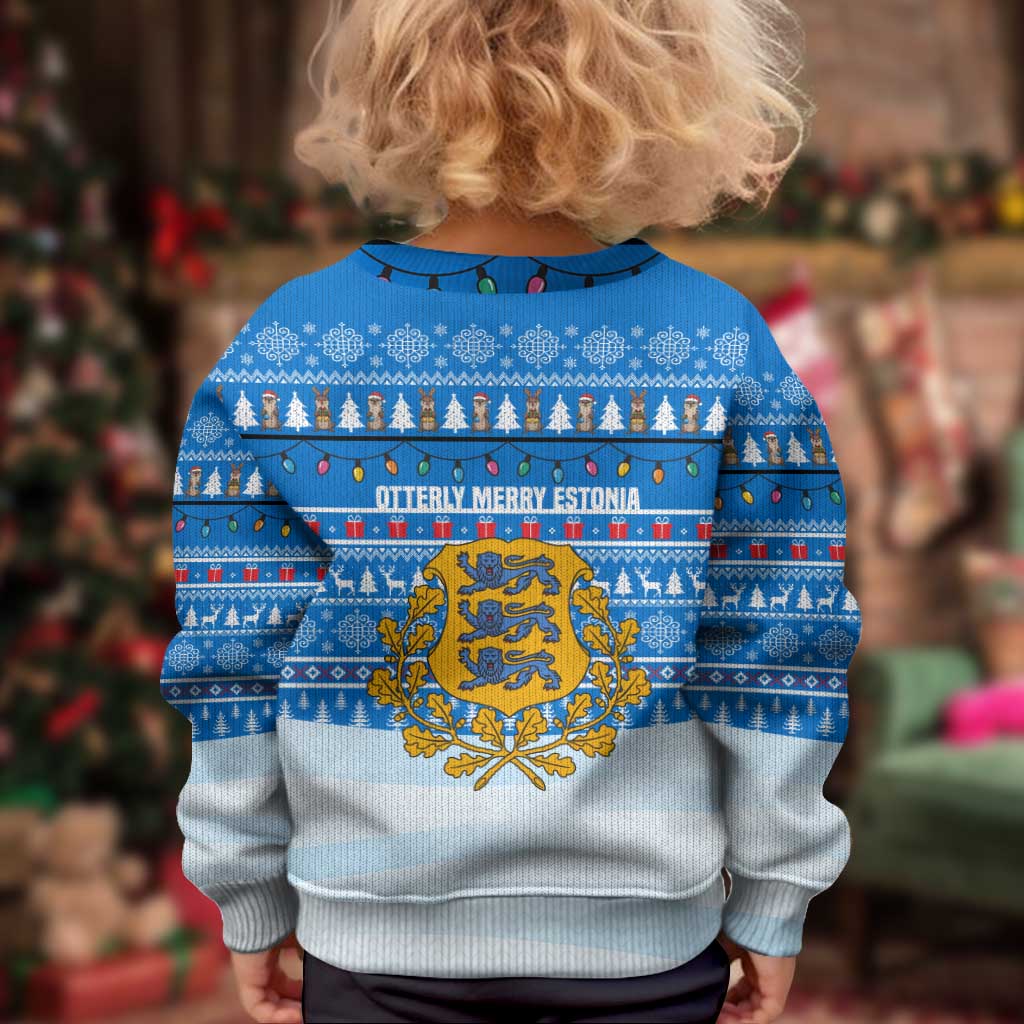 Estonia Christmas Kid Ugly Christmas Sweater with Santa Otters Lights Snowflakes and National Emblem on Blue Pattern - Wonder Print Shop