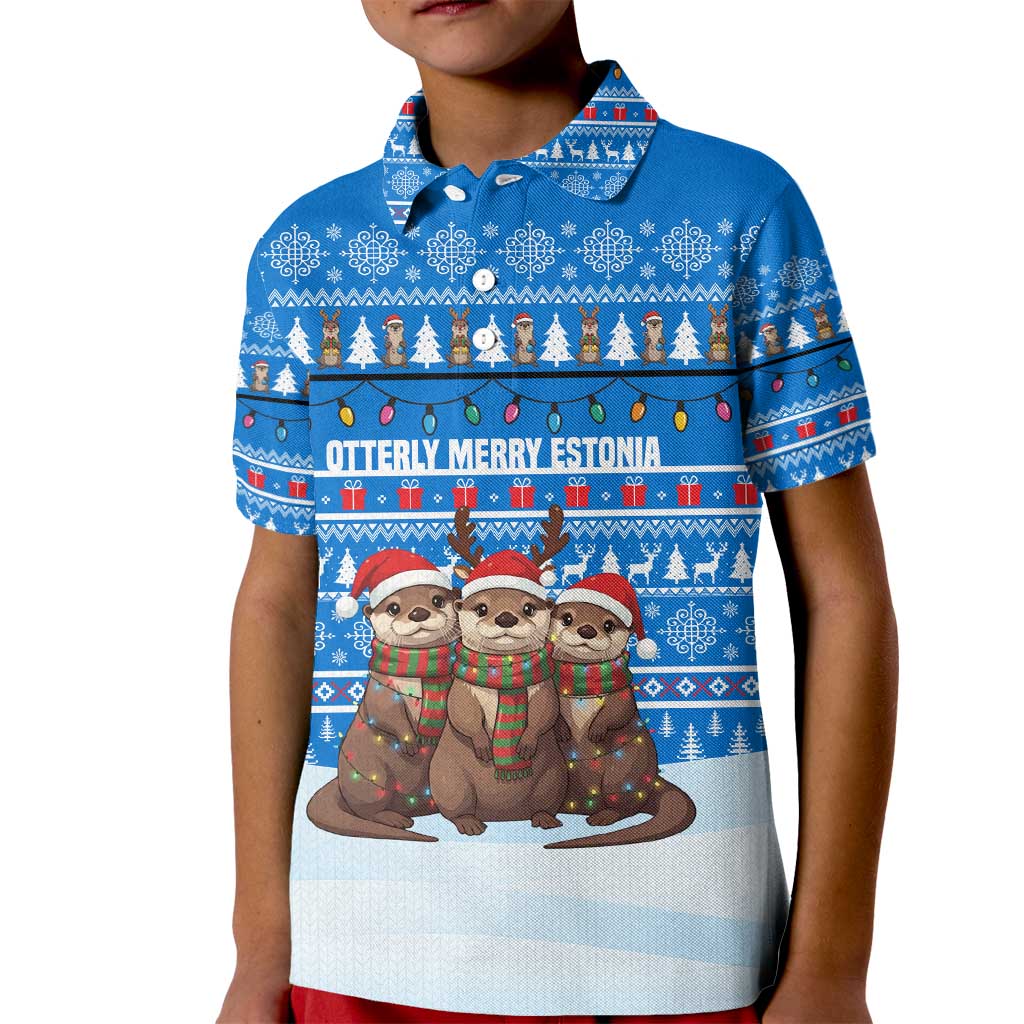 Estonia Christmas Kid Polo Shirt with Santa Otters Lights Snowflakes and National Emblem on Blue Pattern - Wonder Print Shop