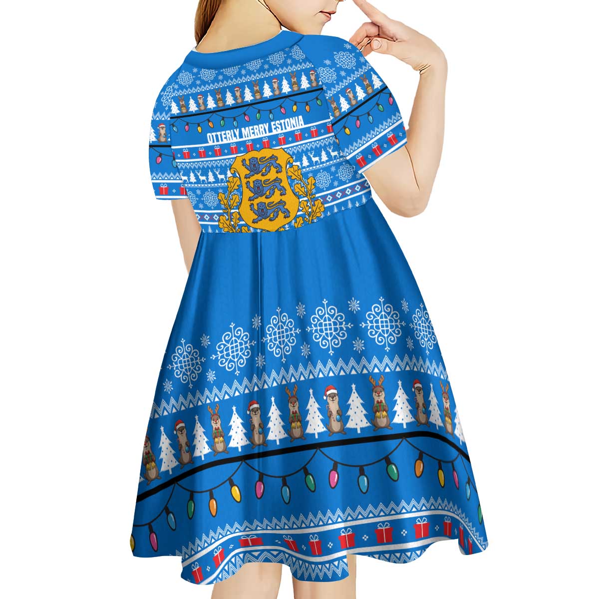 Estonia Christmas Kid Short Sleeve Dress with Santa Otters Lights Snowflakes and National Emblem on Blue Pattern - Wonder Print Shop